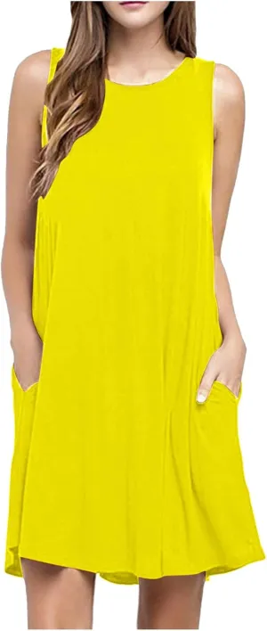 Sundress for Women Summer Casual Solid Sleeveless Flowy T Shirt Dresses Beach Cover up Tank Dress with Pockets
