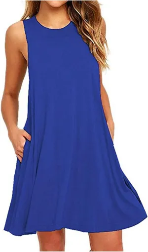 Sundress for Women Summer Casual Solid Sleeveless Flowy T Shirt Dresses Beach Cover up Tank Dress with Pockets