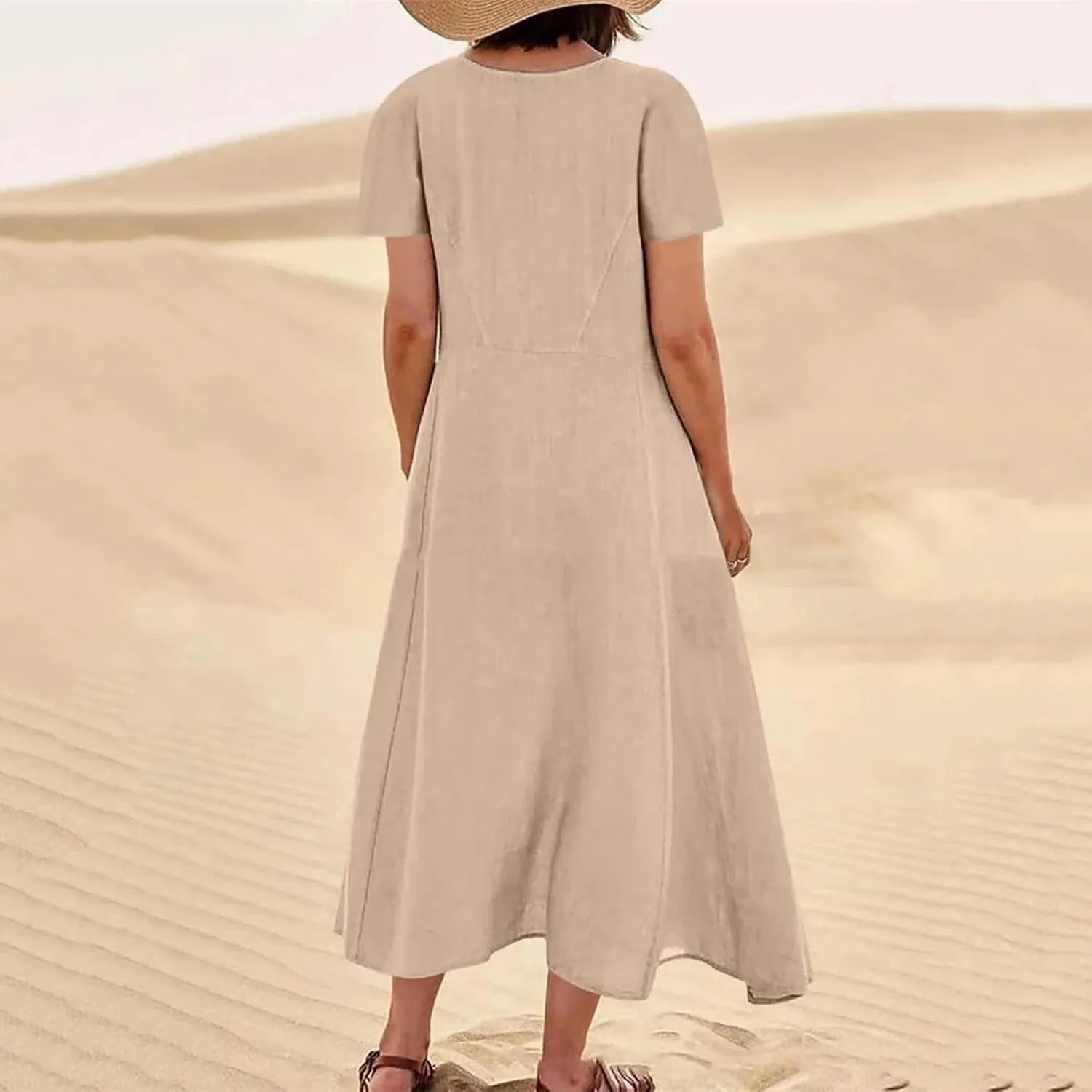 Sundress with Pockets Casual Spring Summer Dresses for Women 2025 Cotton Linen Short Sleeve Midi Dress Flowy Dresses
