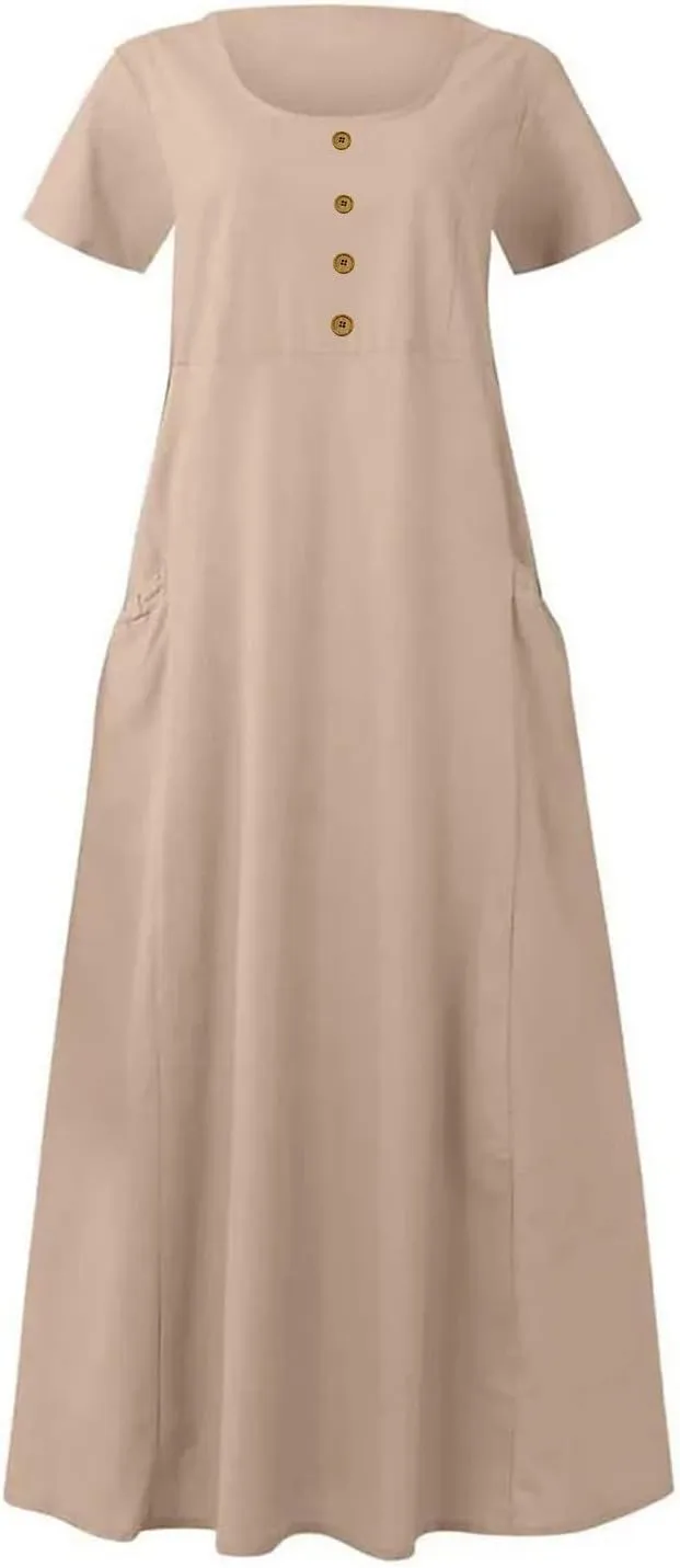 Sundress with Pockets Casual Spring Summer Dresses for Women 2025 Cotton Linen Short Sleeve Midi Dress Flowy Dresses