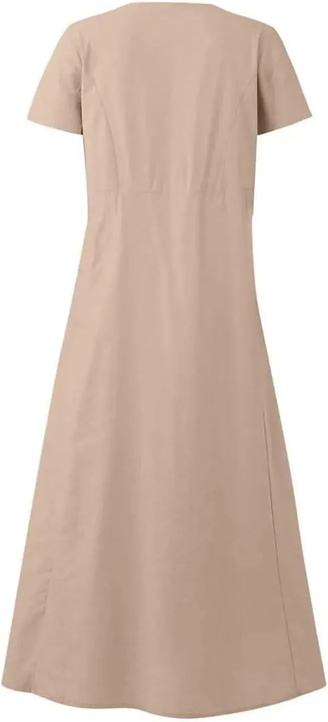 Sundress with Pockets Casual Spring Summer Dresses for Women 2025 Cotton Linen Short Sleeve Midi Dress Flowy Dresses