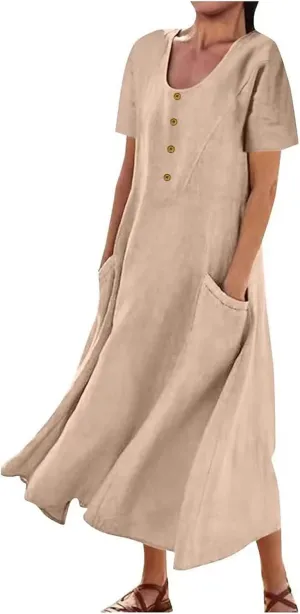 Sundress with Pockets Casual Spring Summer Dresses for Women 2025 Cotton Linen Short Sleeve Midi Dress Flowy Dresses