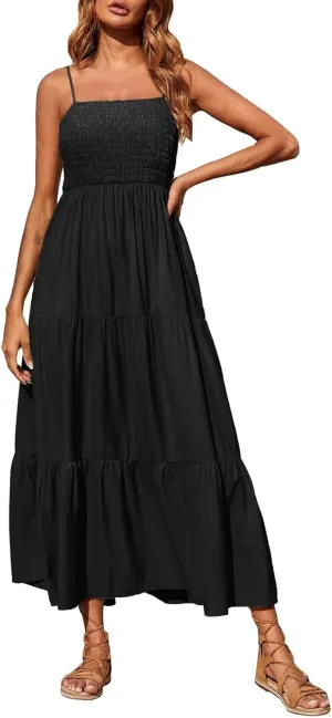 Sundresses for Women 2025 Spaghetti Strap Smocked Flowy Backless Maxi Dress Boho Cute Ruffle Tiered Beach Long Dress