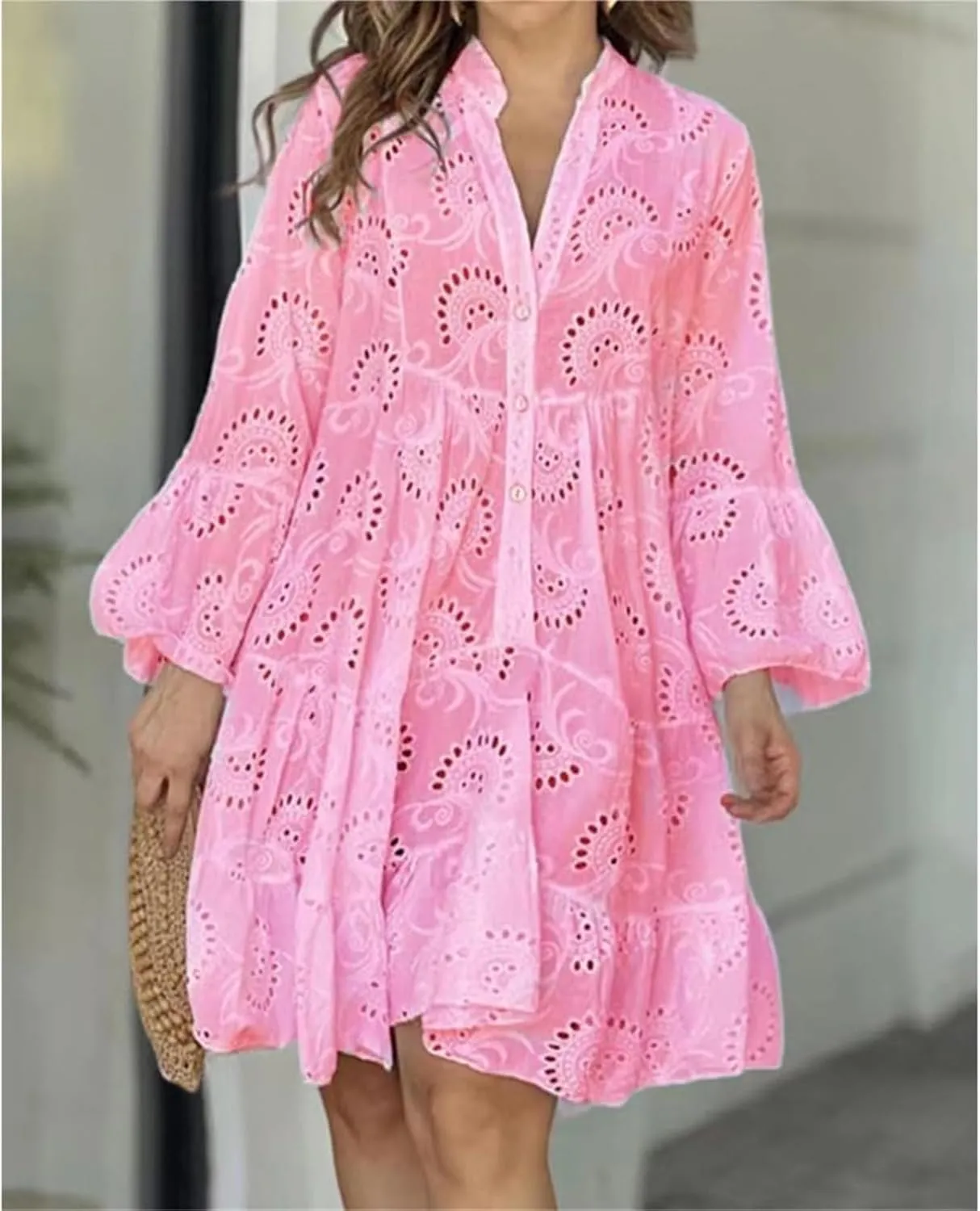 Sundresses for Women Sexy Fashion Hollow Dresses Collared Button Down Long Sleeve Dress Loose Fit Dresses 2025