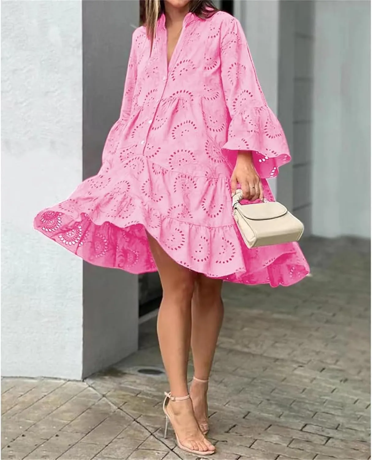 Sundresses for Women Sexy Fashion Hollow Dresses Collared Button Down Long Sleeve Dress Loose Fit Dresses 2025