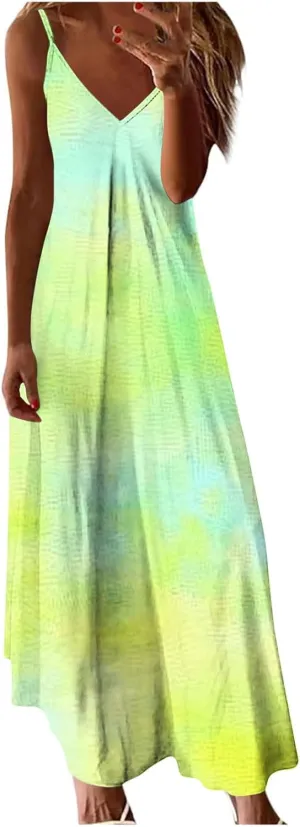 Sundresses for Women Spring Dresses V Neck Summer Flowy Maxi Dress Elegant Casual Sleeveless Beach Sundress