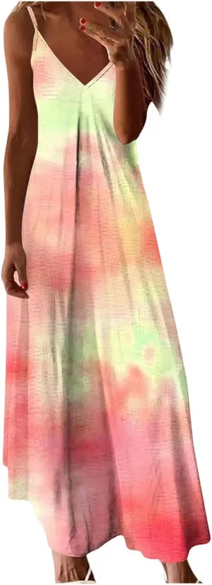 Sundresses for Women Spring Dresses V Neck Summer Flowy Maxi Dress Elegant Casual Sleeveless Beach Sundress