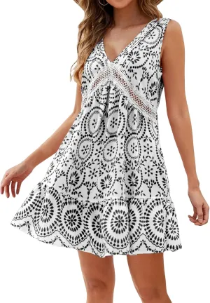 Swimsuit Coverup for Women Cutout Floral Lace Boho Mini Dress Sleeveless V Neck Tank Dress A Line Ruffle Dresses