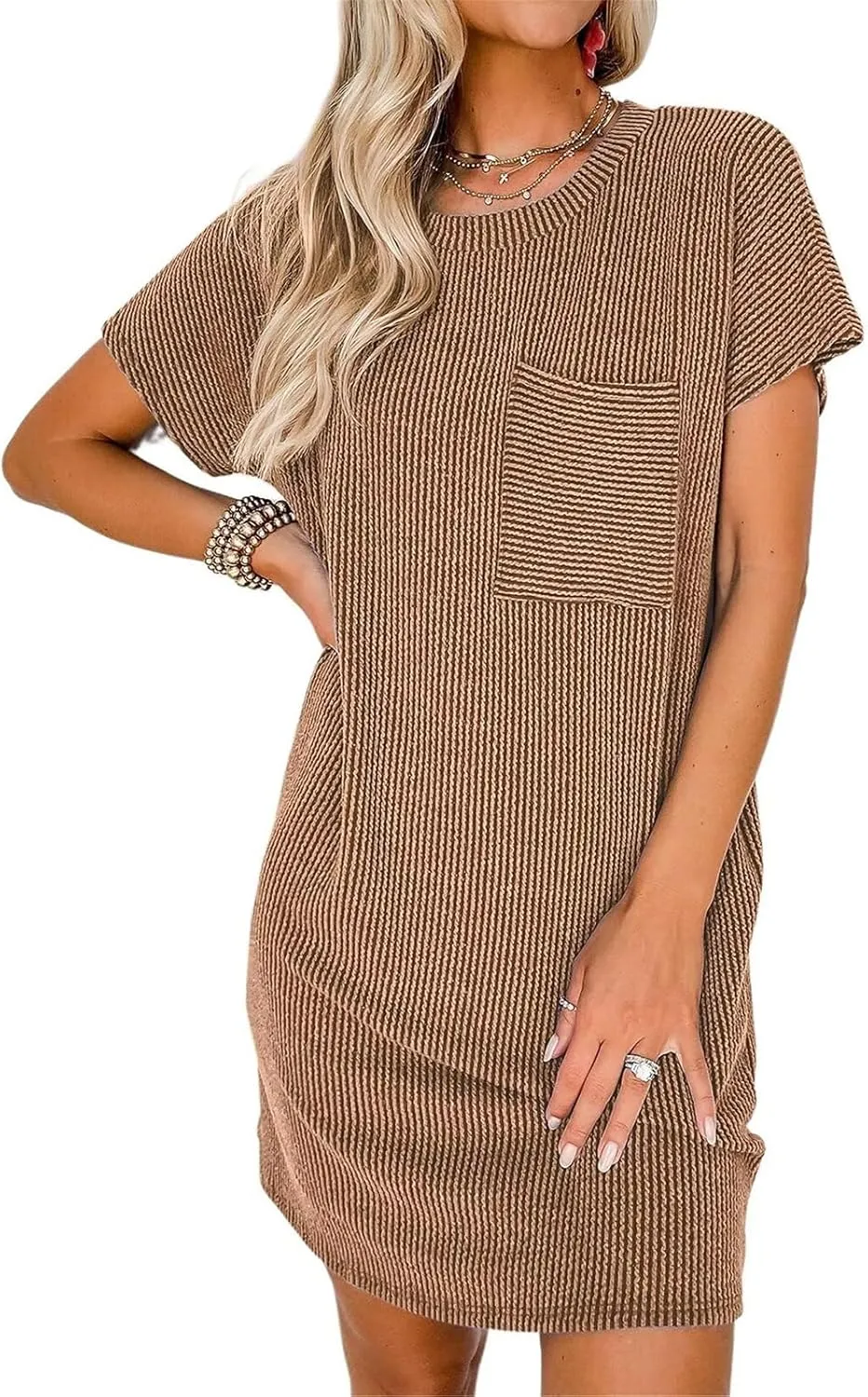 T Shirt Dress for Women Casual Ribbed Mini Tshirt Dress Crewneck Short Sleeve Striped Textured Dresses Fashion Dresses