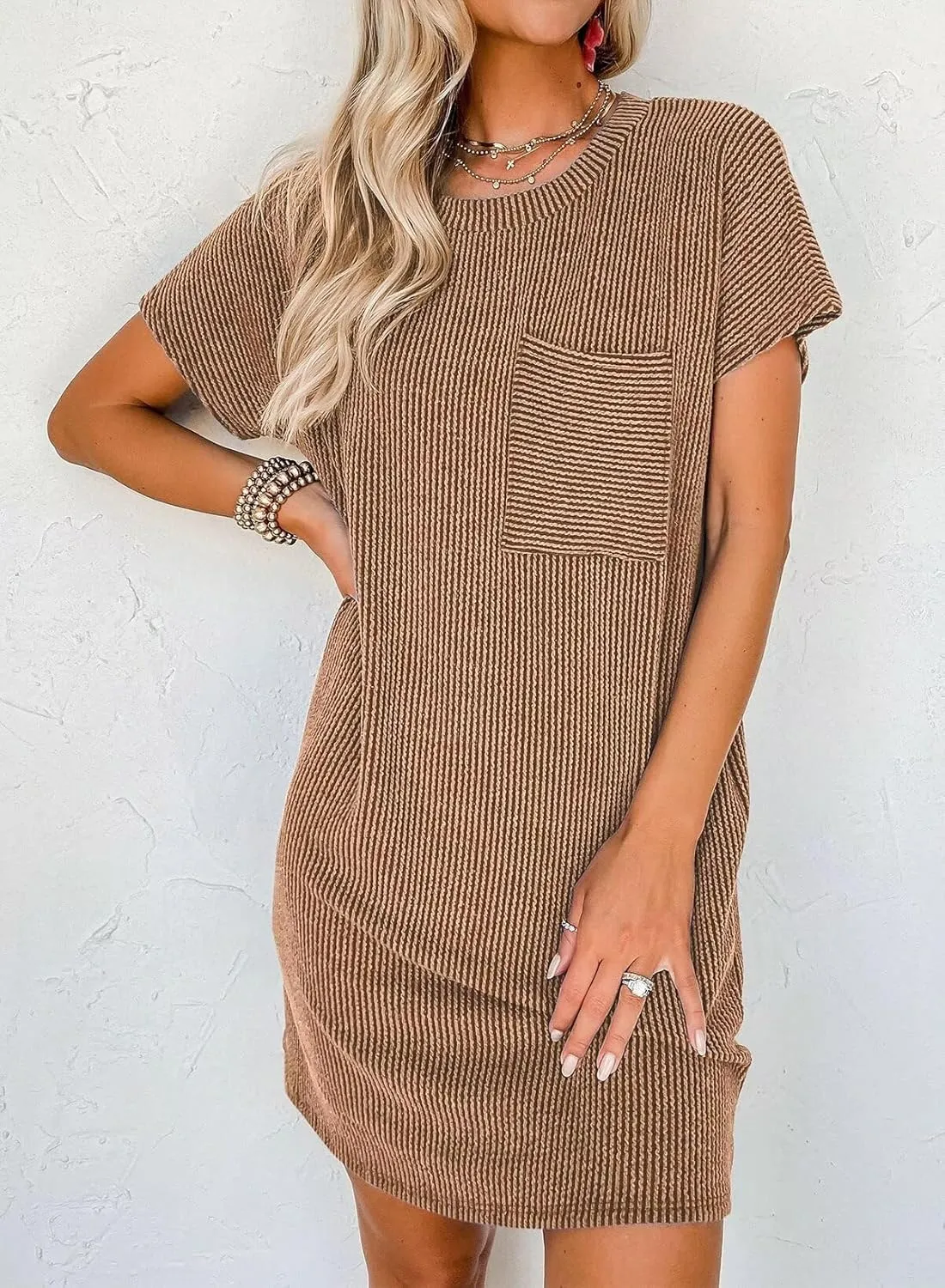 T Shirt Dress for Women Casual Ribbed Mini Tshirt Dress Crewneck Short Sleeve Striped Textured Dresses Fashion Dresses