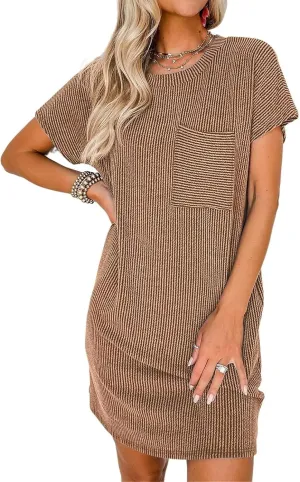 T Shirt Dress for Women Casual Ribbed Mini Tshirt Dress Crewneck Short Sleeve Striped Textured Dresses Fashion Dresses