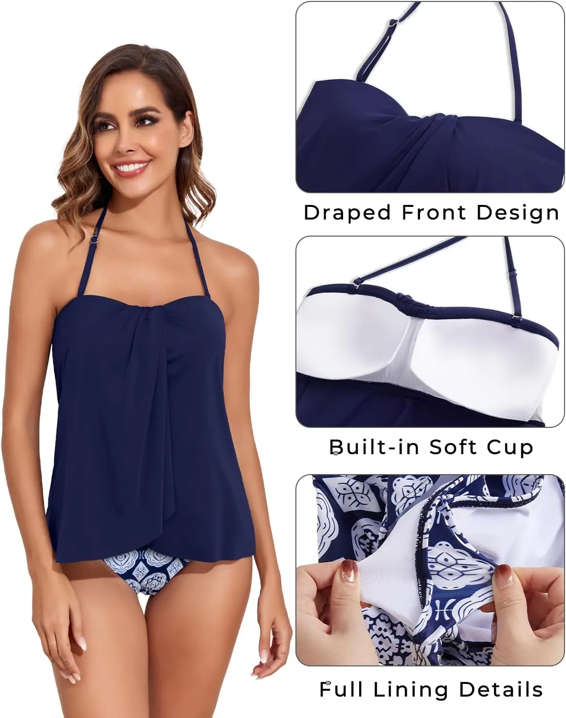 Tempt Me Two Piece Tankini Bathing Suits for Women Halter Bandeau Swim Top with Bottom Flyaway Tummy Control Swimsuit