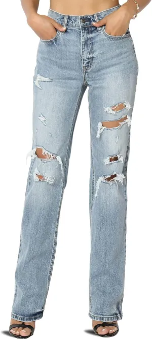 TheMogan Women's Distressed High Waist Dad Jeans Wide Straight Leg Relaxed Denim Pants