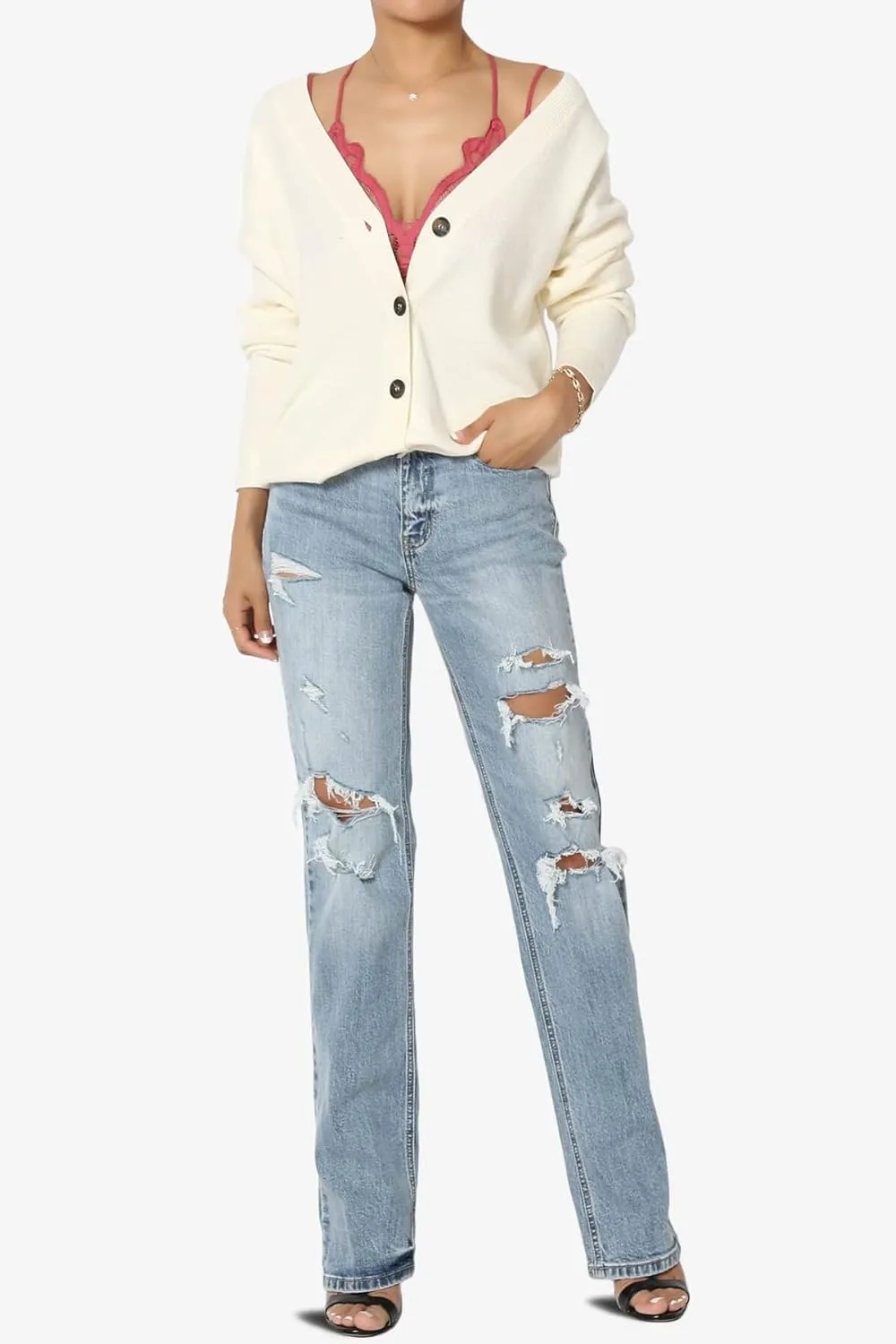 TheMogan Women's Distressed High Waist Dad Jeans Wide Straight Leg Relaxed Denim Pants