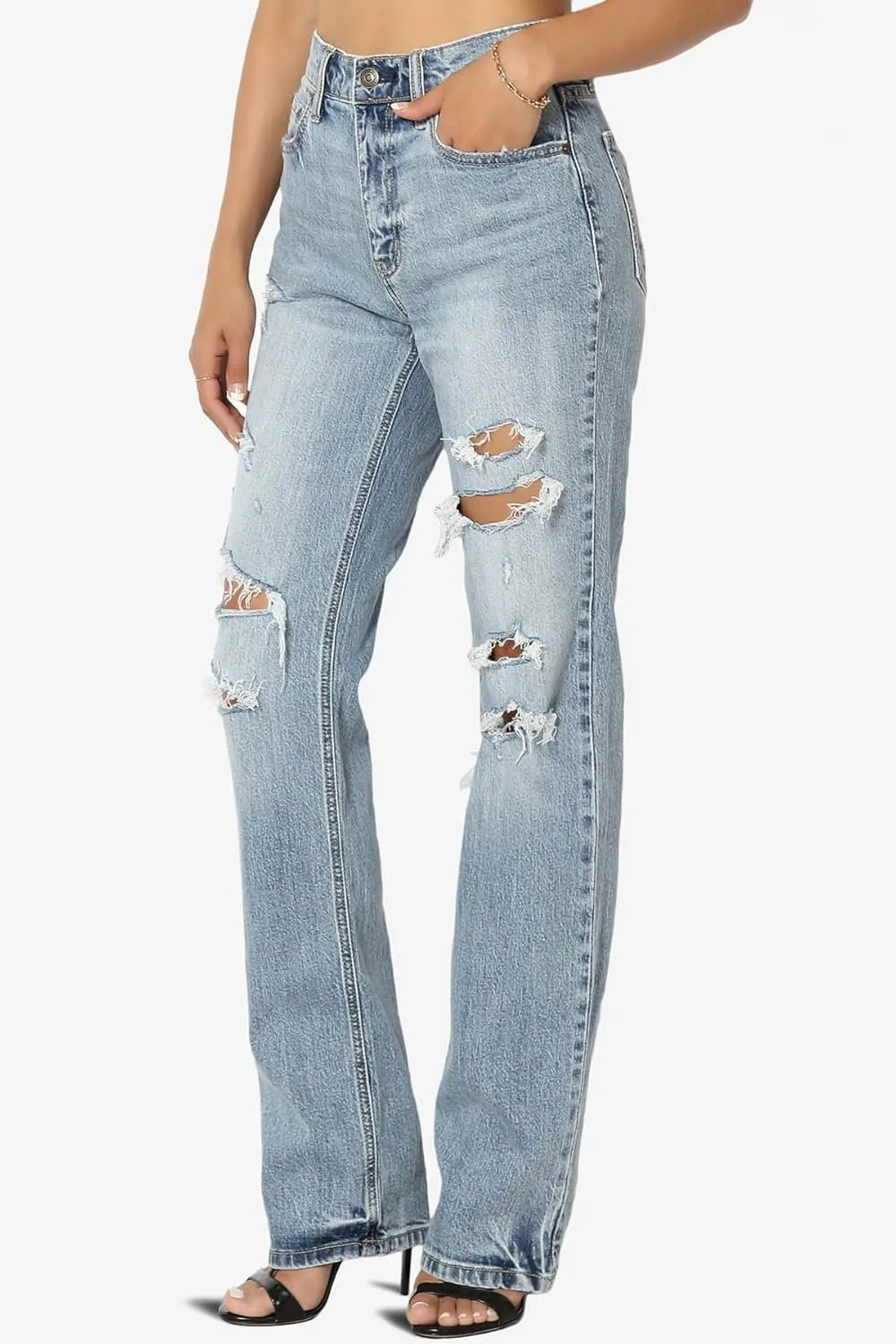 TheMogan Women's Distressed High Waist Dad Jeans Wide Straight Leg Relaxed Denim Pants