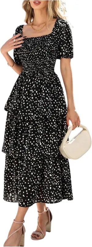 Tiered Maxi Dresses for Women 2025 Casual Boho Summer Dress Cute Long Floral Dresses Square Neck Short Sleeve Dress