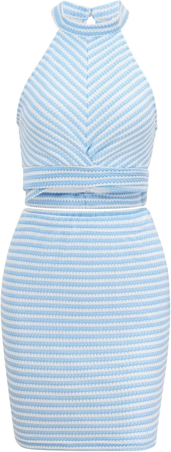 Two Piece Skirt Outfits for Women Sleeveless Halter Neck Tops Bodycon Short Dress Bodycon Cocktail Club Skirt Sets Summer Y2k