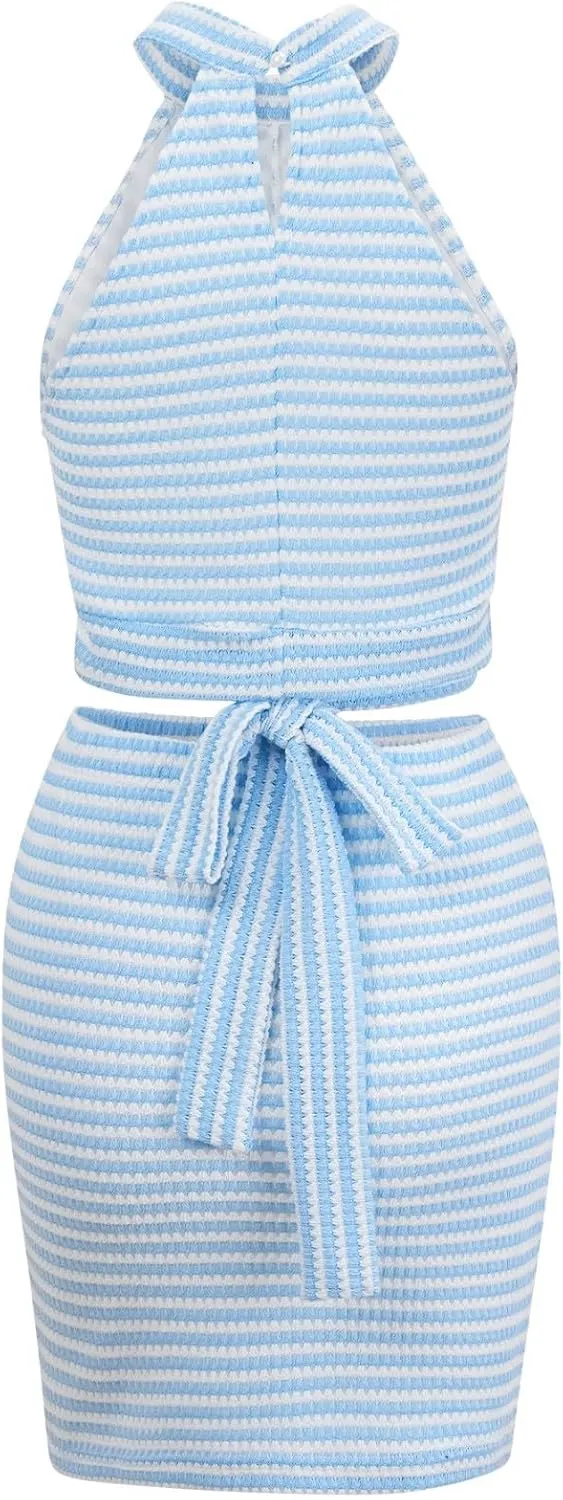 Two Piece Skirt Outfits for Women Sleeveless Halter Neck Tops Bodycon Short Dress Bodycon Cocktail Club Skirt Sets Summer Y2k