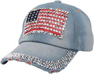 Unisex American Flag Rhinestone Bling Baseball Cap Adjustable Trucker Hat Shiny Hip Hop Caps