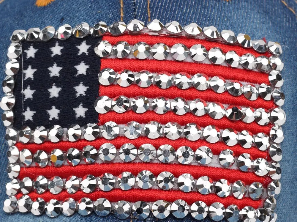Unisex American Flag Rhinestone Bling Baseball Cap Adjustable Trucker Hat Shiny Hip Hop Caps