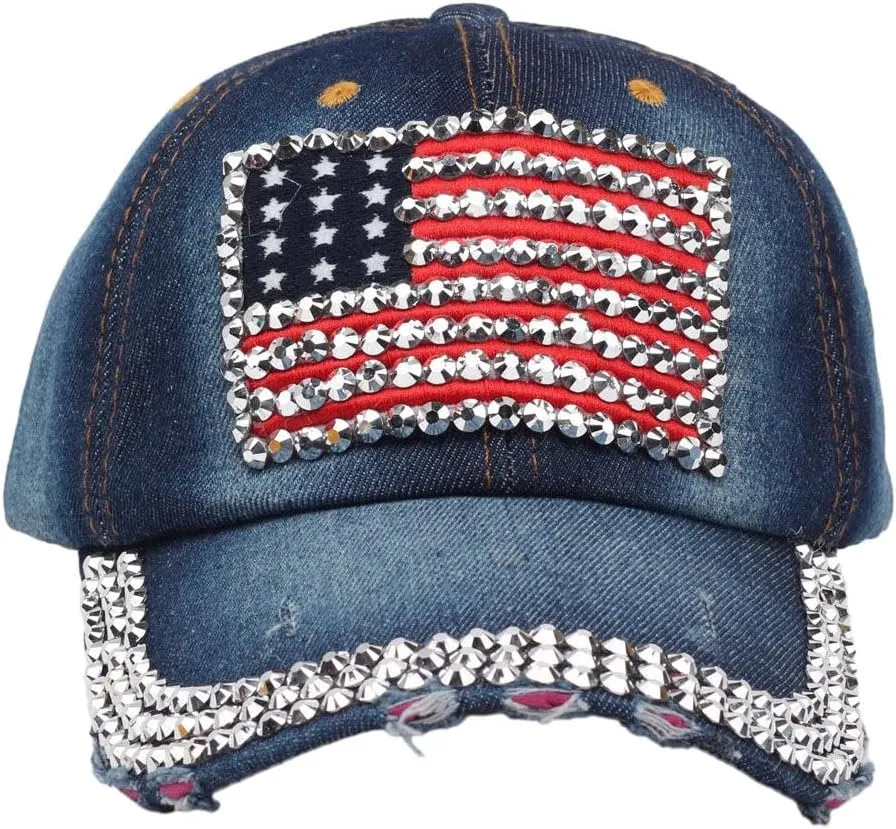 Unisex American Flag Rhinestone Bling Baseball Cap Adjustable Trucker Hat Shiny Hip Hop Caps