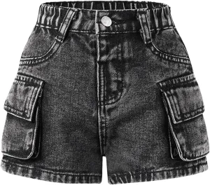 WDIRARA Girls' Cargo Jean Shorts High Waisted Distressed Denim Shorts with Flap Pockets