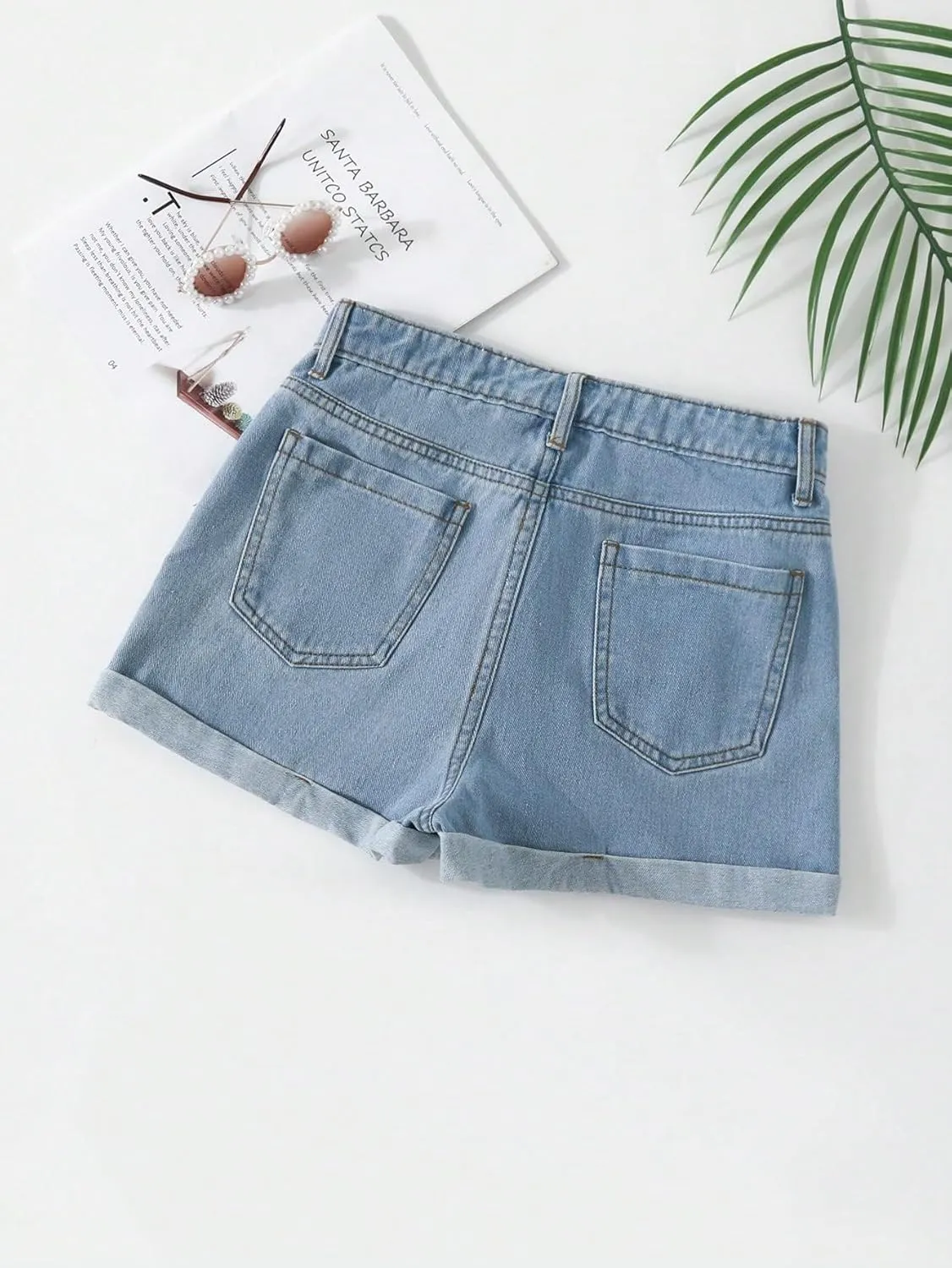 WDIRARA Girl's Floral Embroidery High Waisted Denim Shorts Roll Up Hem Jean Shorts