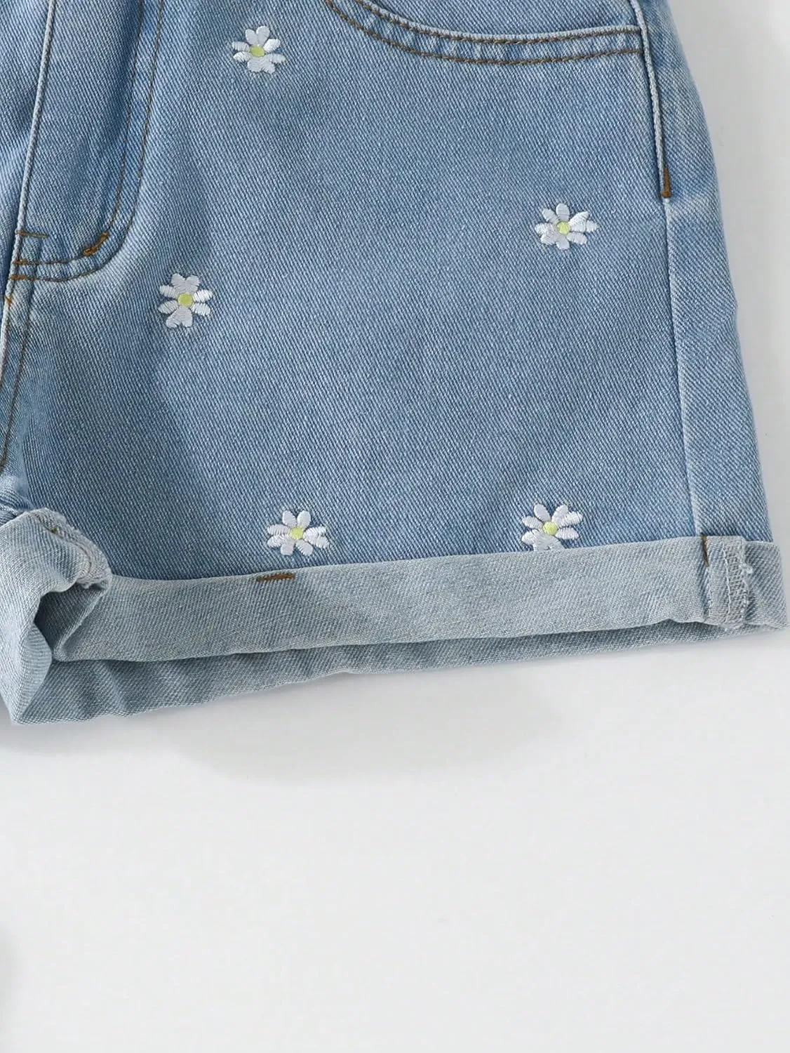 WDIRARA Girl's Floral Embroidery High Waisted Denim Shorts Roll Up Hem Jean Shorts
