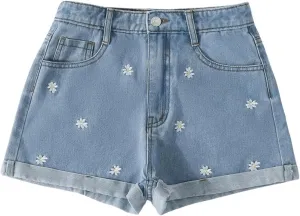 WDIRARA Girl's Floral Embroidery High Waisted Denim Shorts Roll Up Hem Jean Shorts