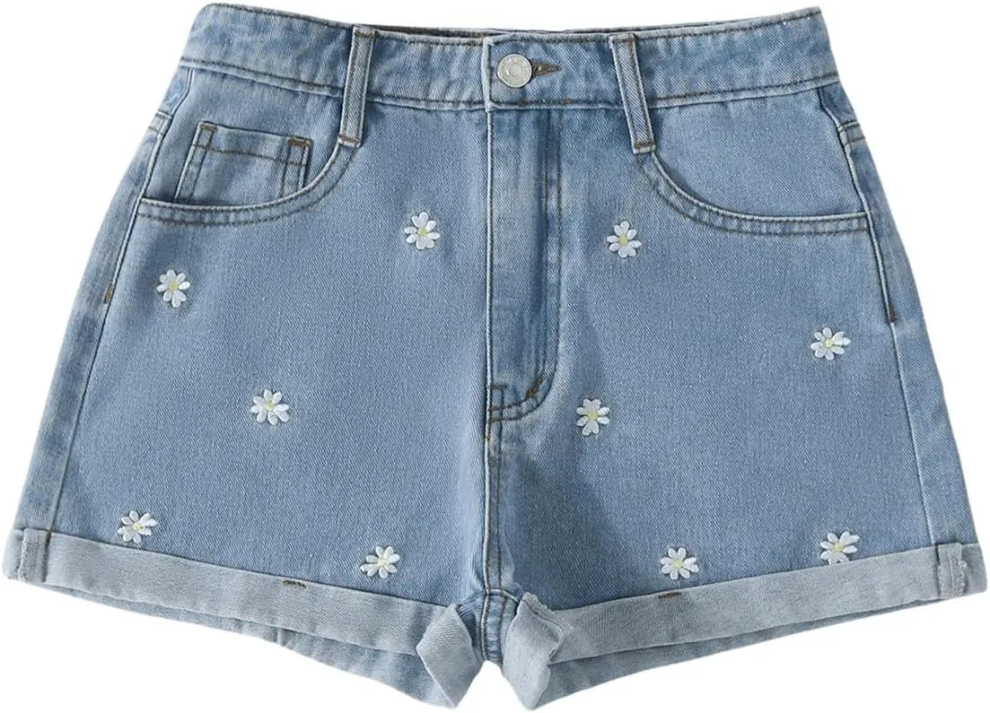 WDIRARA Girl's Floral Embroidery High Waisted Denim Shorts Roll Up Hem Jean Shorts