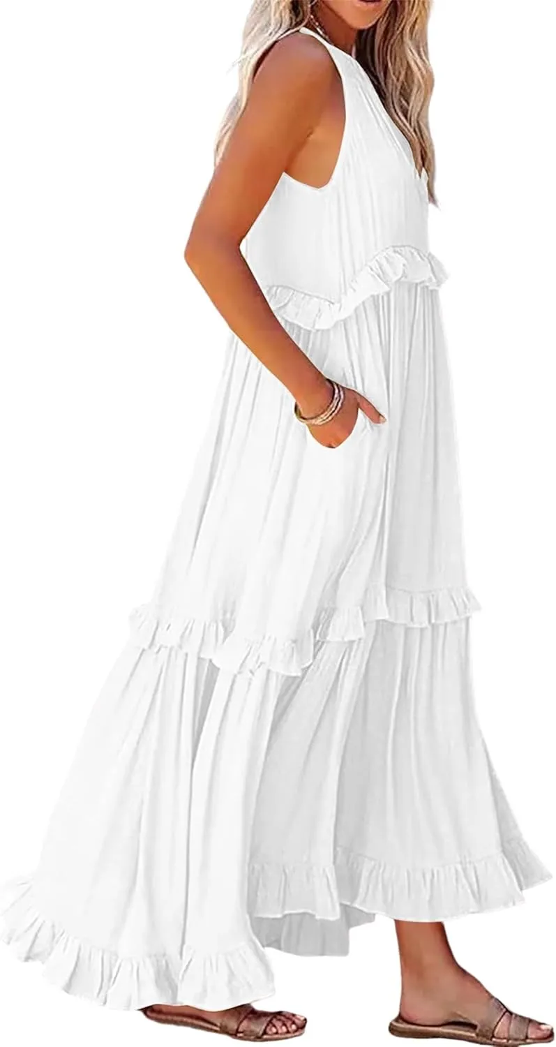 Wedding Guest Dress for Women Sleeveless Tank Tops Maxi Dress Ruffle Tiered Fashion Dresses Casual Layered Dresses