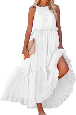 Wedding Guest Dress for Women Sleeveless Tank Tops Maxi Dress Ruffle Tiered Fashion Dresses Casual Layered Dresses