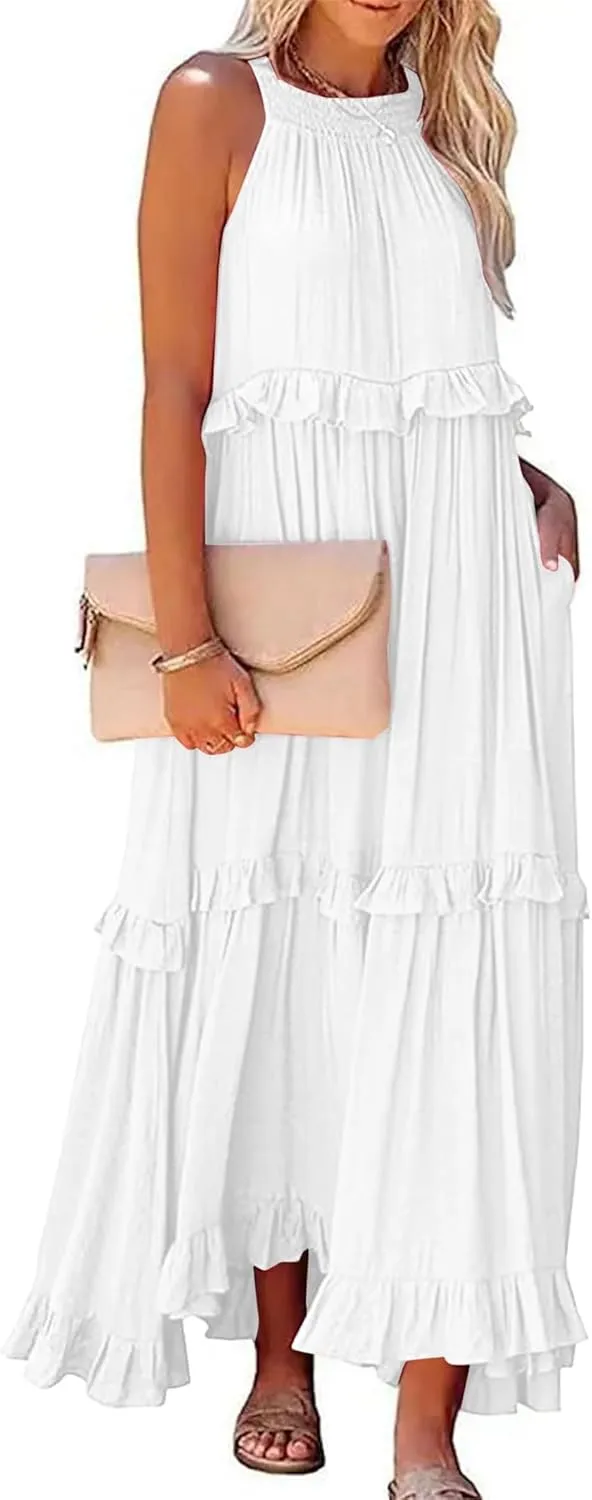 Wedding Guest Dress for Women Sleeveless Tank Tops Maxi Dress Ruffle Tiered Fashion Dresses Casual Layered Dresses