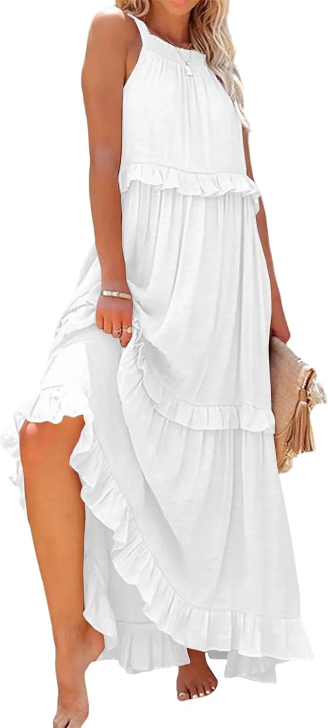 Wedding Guest Dress for Women Sleeveless Tank Tops Maxi Dress Ruffle Tiered Fashion Dresses Casual Layered Dresses
