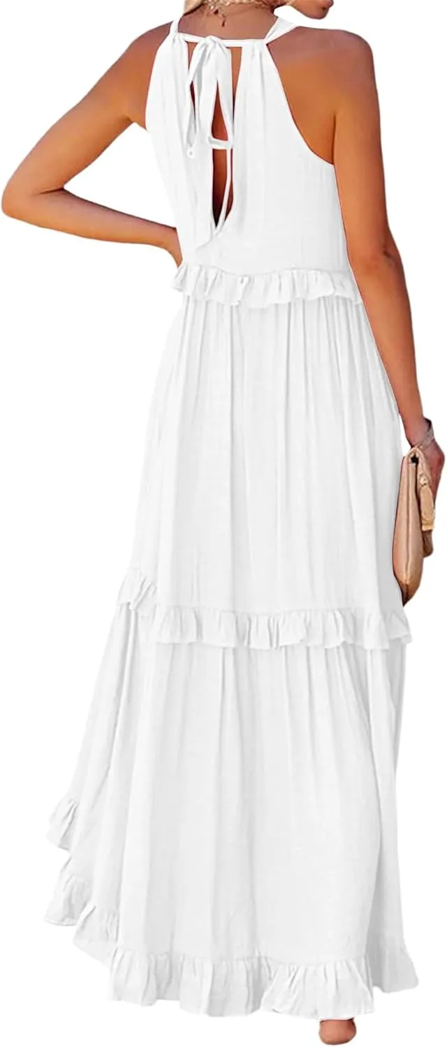 Wedding Guest Dress for Women Sleeveless Tank Tops Maxi Dress Ruffle Tiered Fashion Dresses Casual Layered Dresses