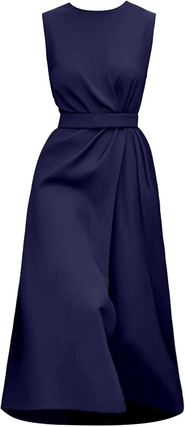 Wedding Guest Dress Sleeveless Crewneck Maxi Dress Elegant Tie Waist Dresses Summer Loose Fit Casual Dresses 2025