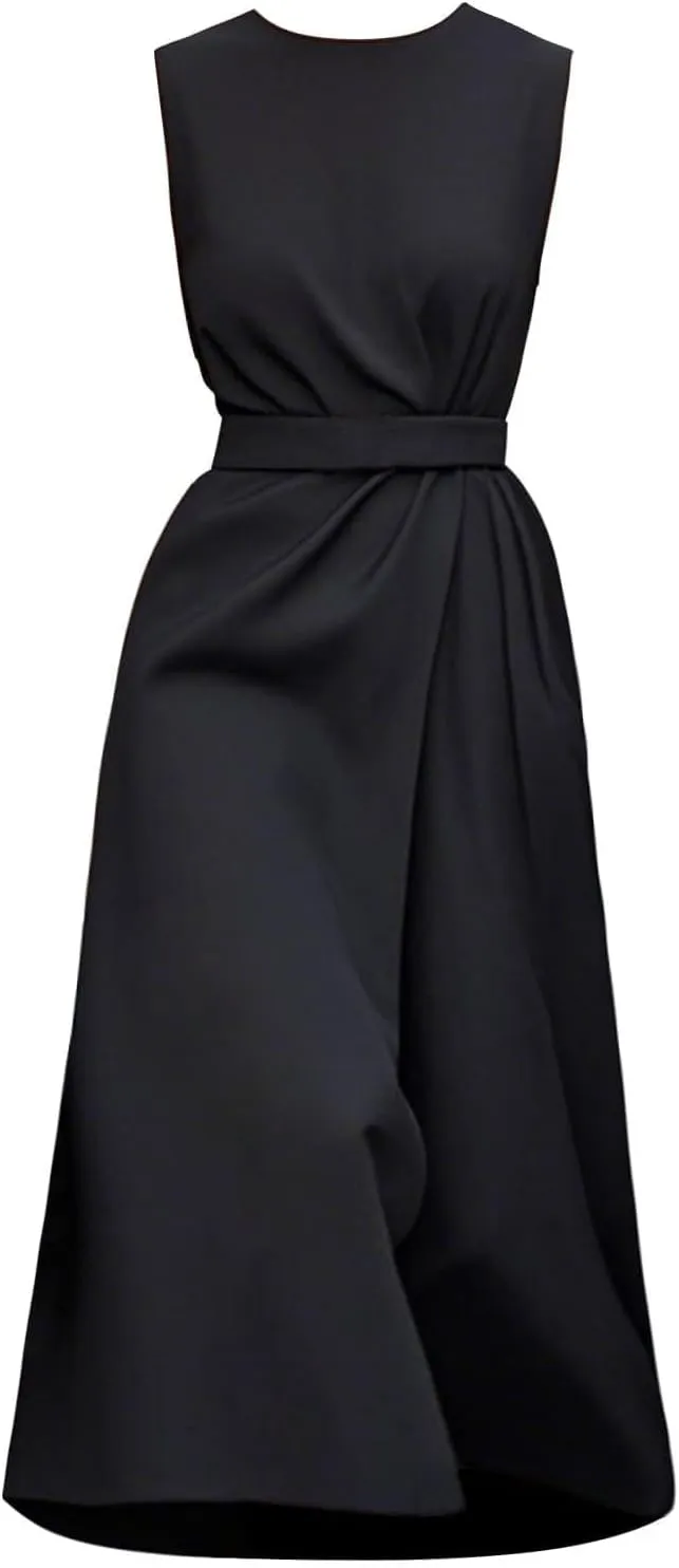 Wedding Guest Dress Sleeveless Crewneck Maxi Dress Elegant Tie Waist Dresses Summer Loose Fit Casual Dresses 2025