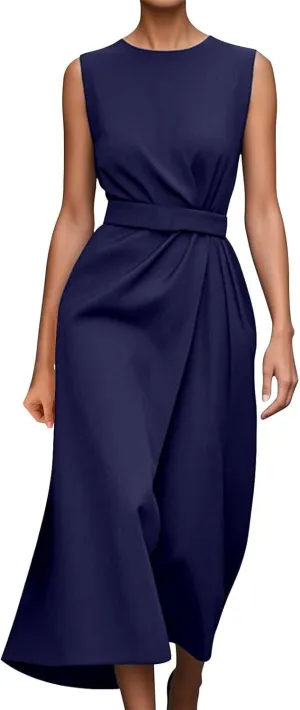 Wedding Guest Dress Sleeveless Crewneck Maxi Dress Elegant Tie Waist Dresses Summer Loose Fit Casual Dresses 2025