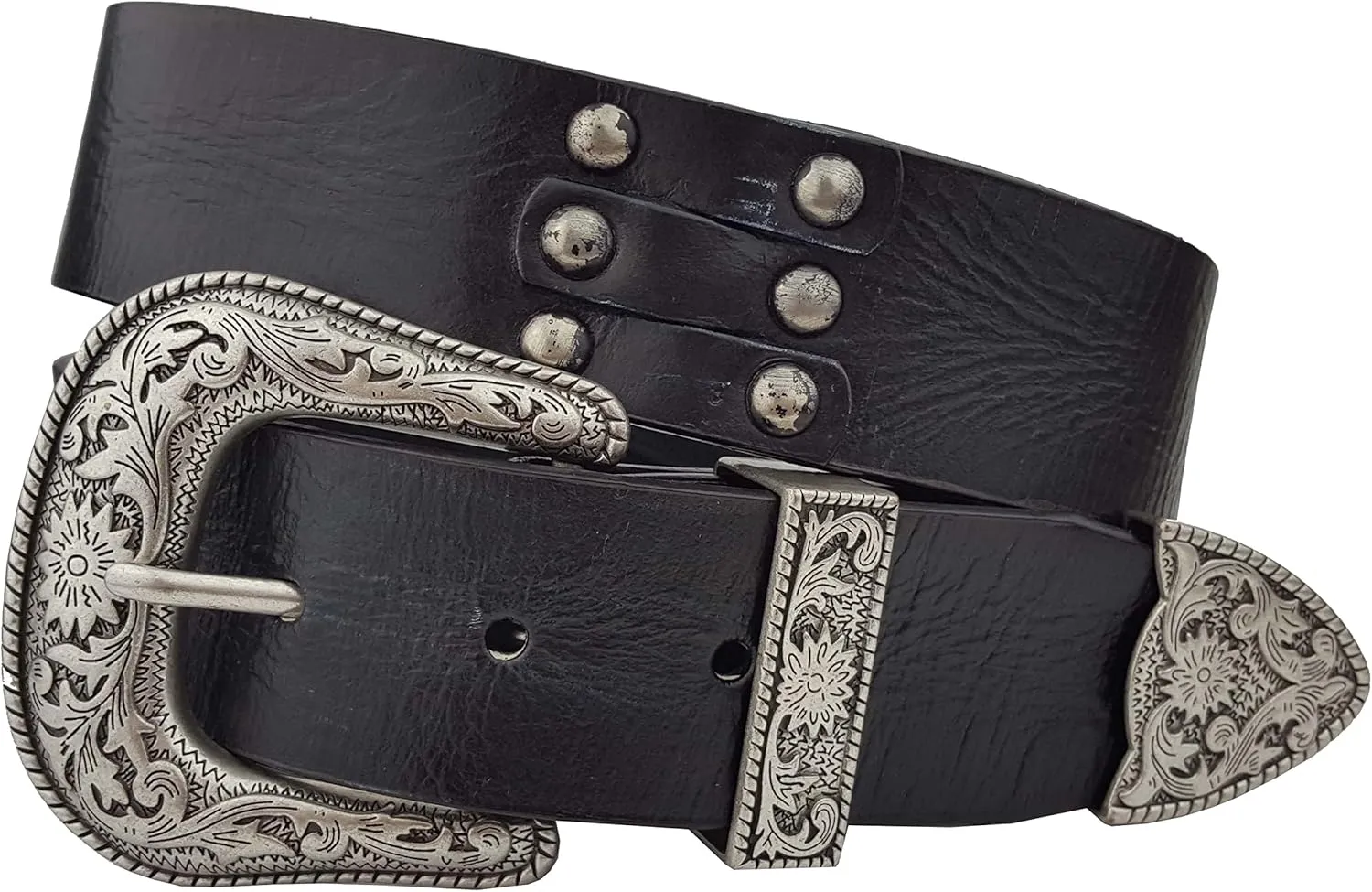 Western Style Silver Buckle with Studded Leather Belt(Western Silver Buckle)