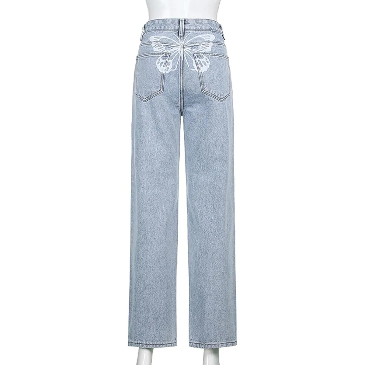 White Butterfly Straight Light Blue Jeans