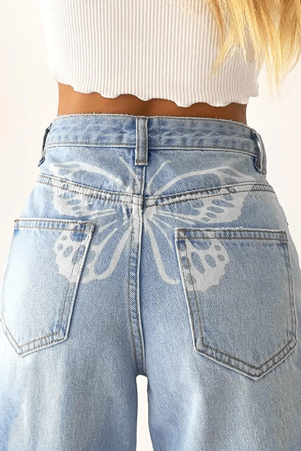 White Butterfly Straight Light Blue Jeans