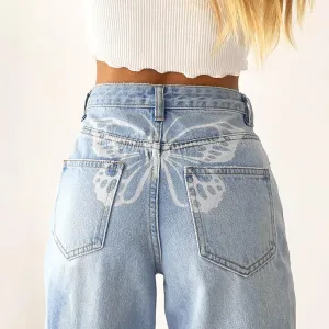 White Butterfly Straight Light Blue Jeans