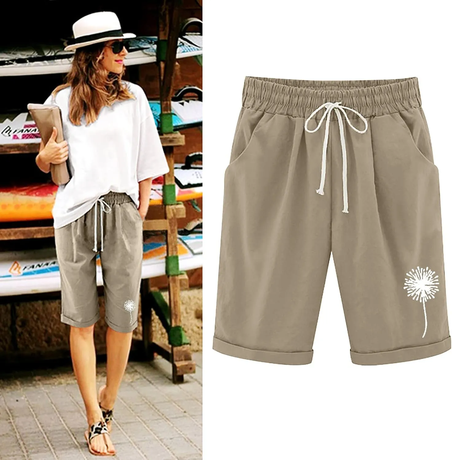White Shorts for Woman Plus Size High Waisted Shorts Lacing Beach Workout Pocket Five Point Pants White Shorts for