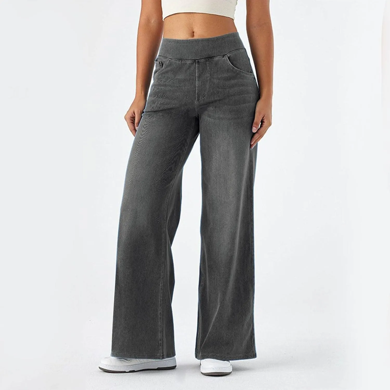 Wide Leg Jeans for Women Elastic High Waisted Denim Pants Long Loose Baggy Palazzo Jeans Stretch Jeans with Pockets