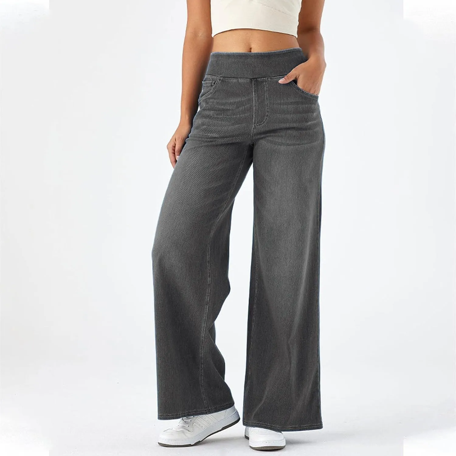 Wide Leg Jeans for Women Elastic High Waisted Denim Pants Long Loose Baggy Palazzo Jeans Stretch Jeans with Pockets
