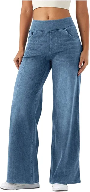 Wide Leg Jeans for Women Elastic High Waisted Denim Pants Long Loose Baggy Palazzo Jeans Stretch Jeans with Pockets