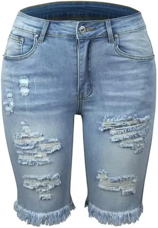 Women Bermuda Denim Shorts Mid Waist Stretchy Five Points Jean Shorts