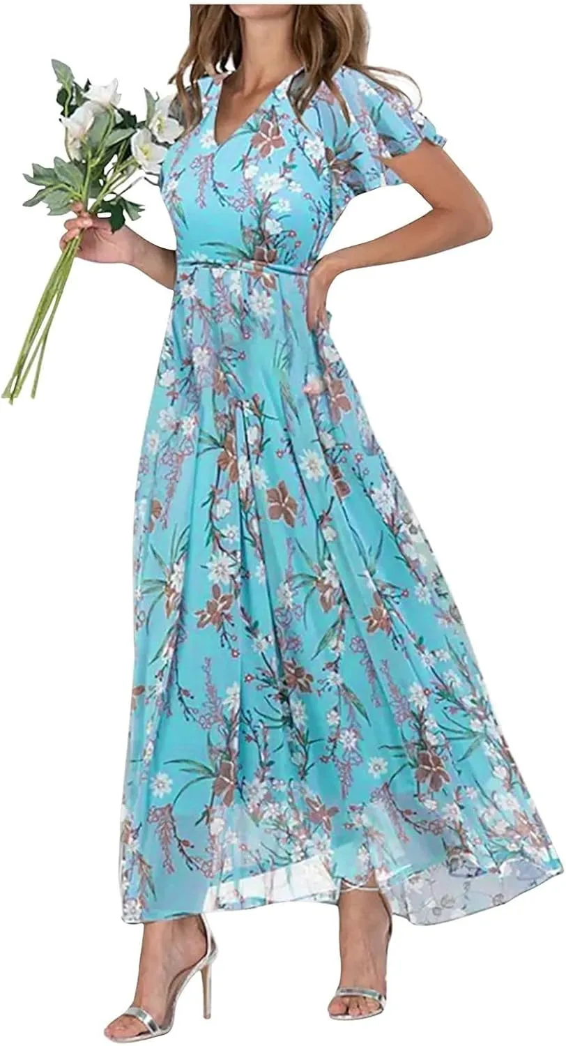 Women Casual Summer Dresses Chiffon Floral Short Sleeve Sun Dresses for Women 2025 Flowy Swing Party Beach Skirts