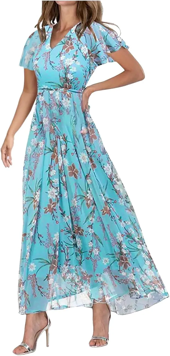 Women Casual Summer Dresses Chiffon Floral Short Sleeve Sun Dresses for Women 2025 Flowy Swing Party Beach Skirts