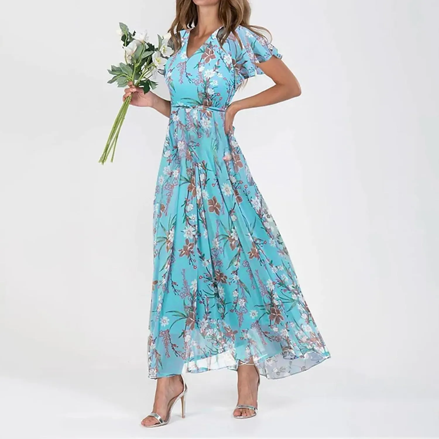 Women Casual Summer Dresses Chiffon Floral Short Sleeve Sun Dresses for Women 2025 Flowy Swing Party Beach Skirts